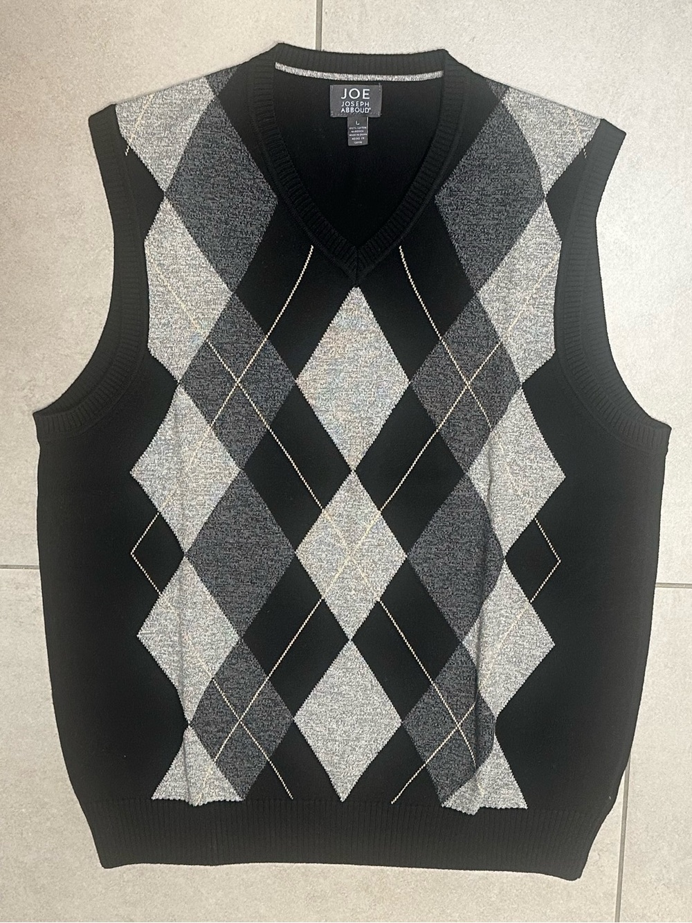 Men’s Joseph Abboud Joe Argyle Cotton Sweater Vest Black Gray V Neck L